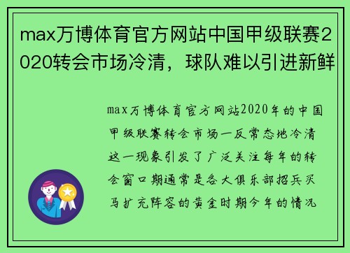max万博体育官方网站中国甲级联赛2020转会市场冷清，球队难以引进新鲜血液